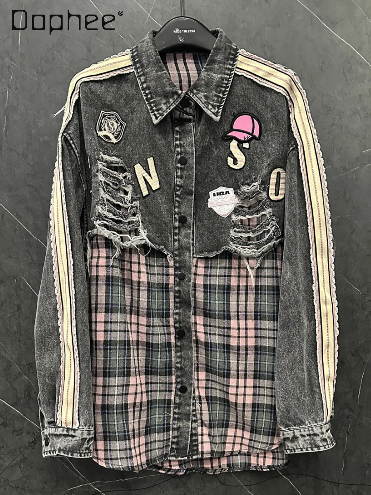 Denim Splicing Plaid Shirt 2025 Spring New Lapel Single-breasted Jacket Women's Loose Fashion Casual Long Sleeve Shirt Tops