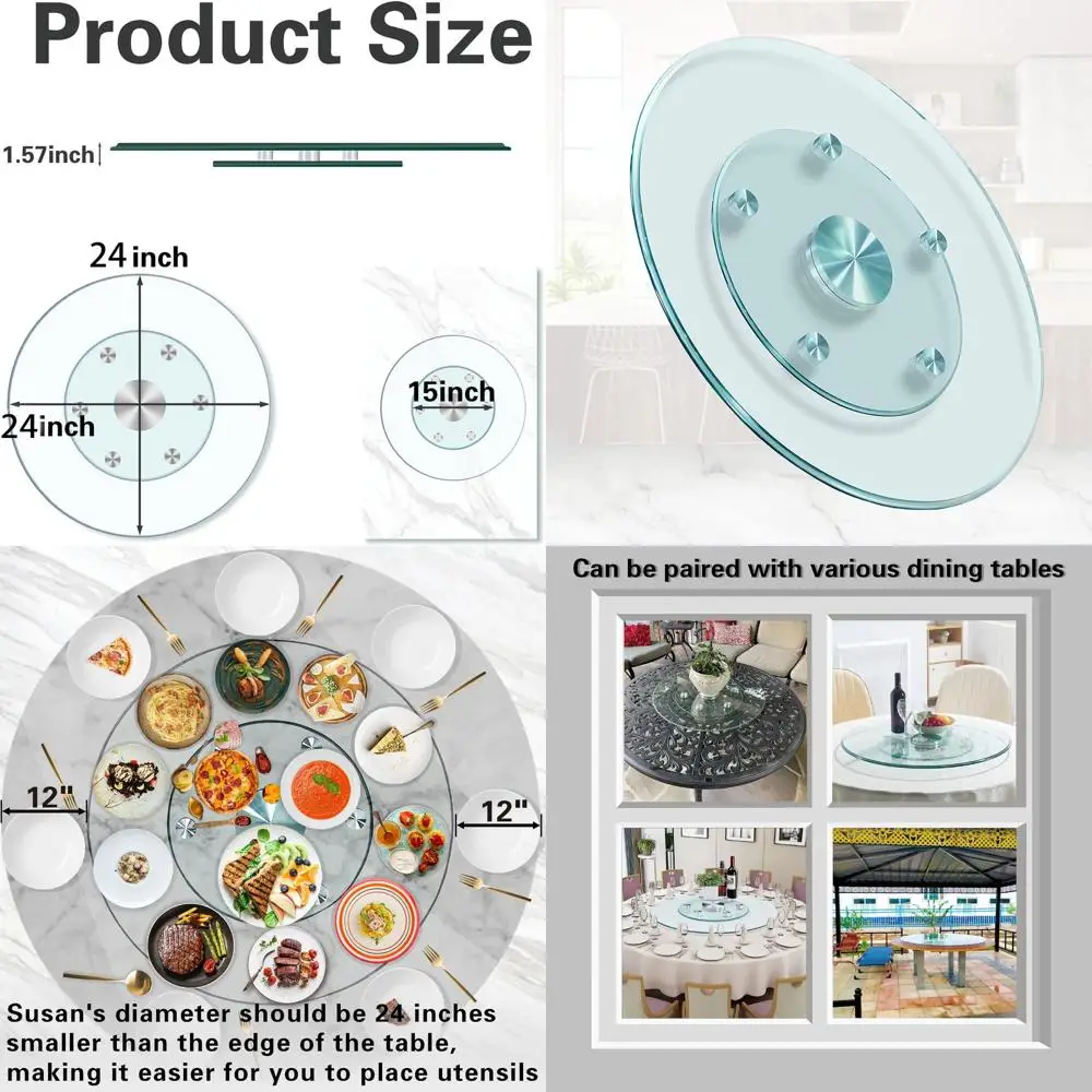 

24 круглых стекла Lazy Susan с 6 бесшумными колесами, 360° ° Вращающийся сервировочный поднос для обеденных столов