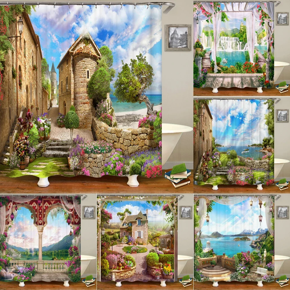 Mediterranean European Town Shower Curtain Coastal Stone Village Waterfall Garden Lake Sea View Vintage Country Floral Landscape