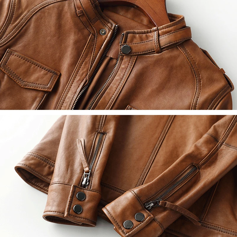 100% Genuine Sheepskin Women's Short Long Sleeve Moto Biker Jackets Autumn Vintage Brown Female Slim Real Leather Jackets 2024