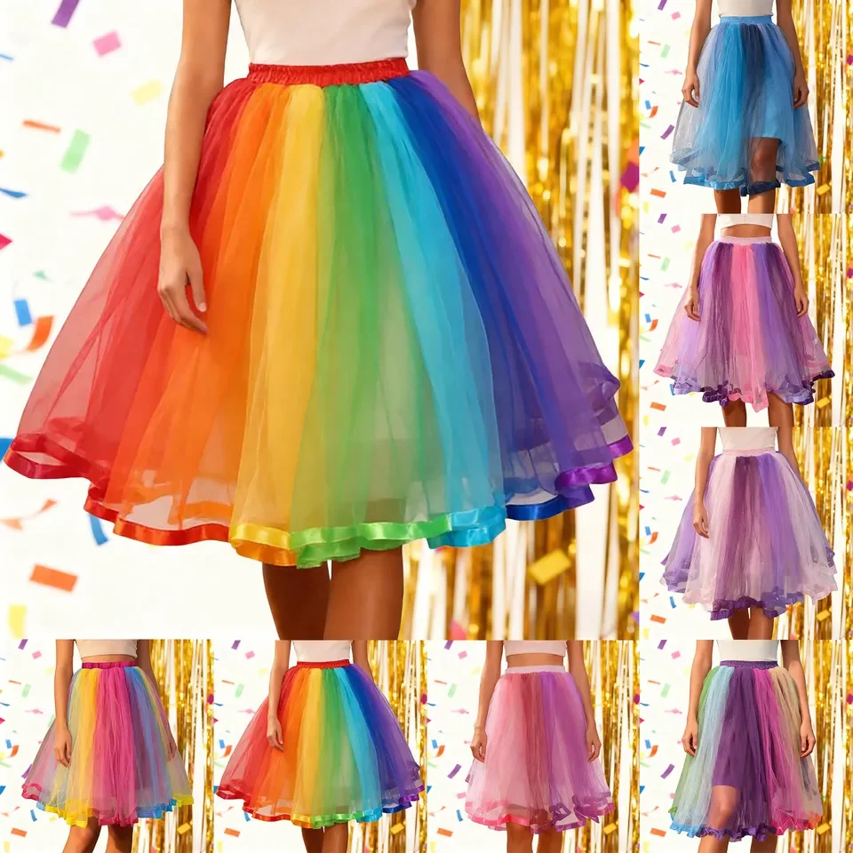 Women Skirt Tutu Skirt Asymmetrical Long Colourful Multilayer Ballet Underskirt Woman Korean Elastic Waist Midi Skirt