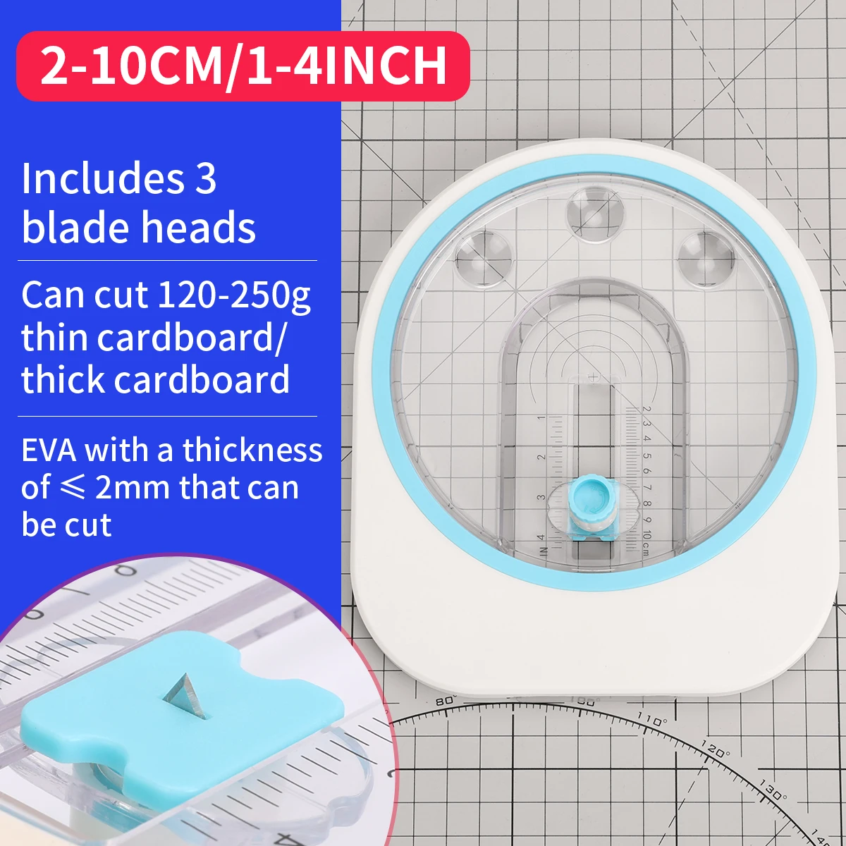 Small Manual Circle Cutter 360° Rotary Round Paper Trimmer 2-10cm Adjustable Circular Cutting Tool with 3 Blades