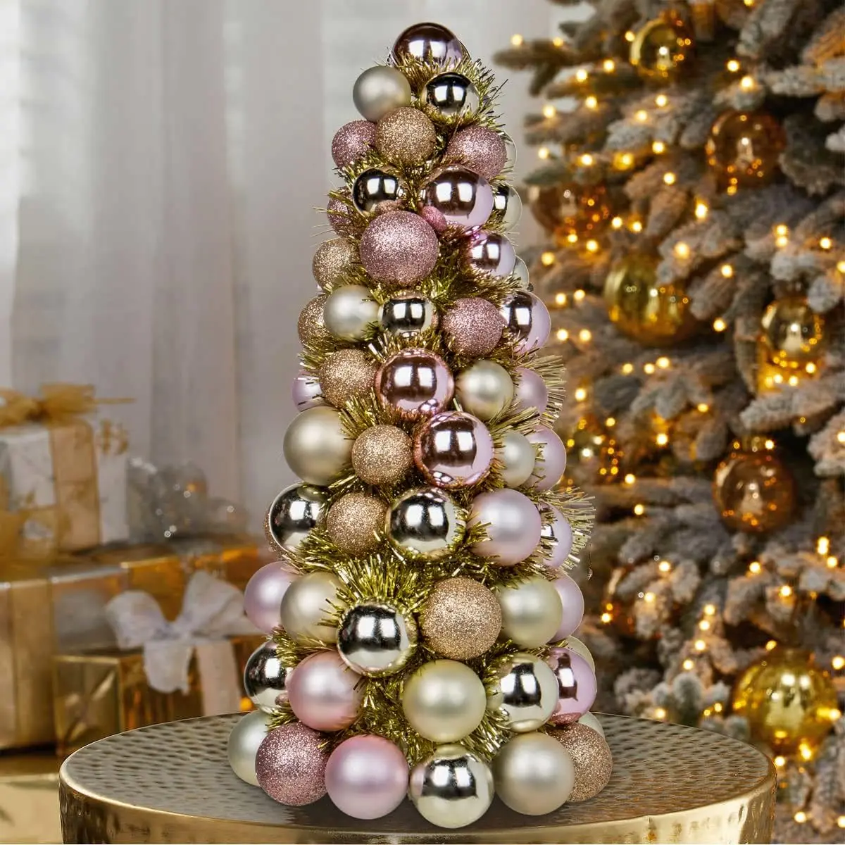 شجرة عيد الميلاد الصغيرة مقاس 16 بوصة مع 94 زينة مقاومة للكسر - ديكور ذهبي وردي #3