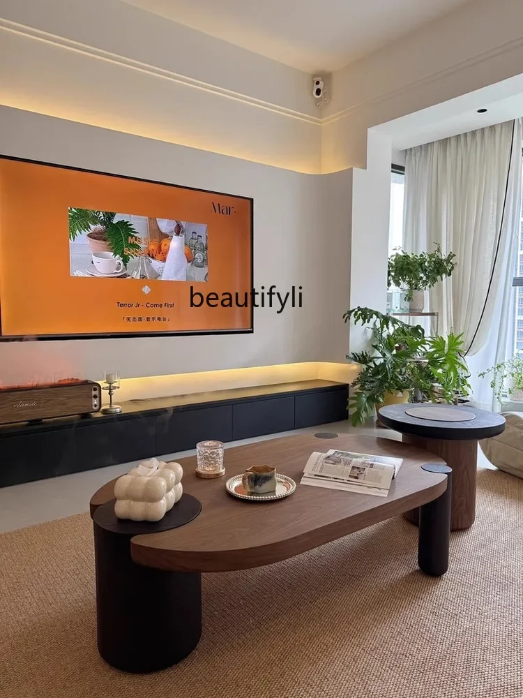

X Vintage Style Coffee Table Minimalist Living Room Home Use Small Apartment Walnut Wood Retro Oval Coffee Table