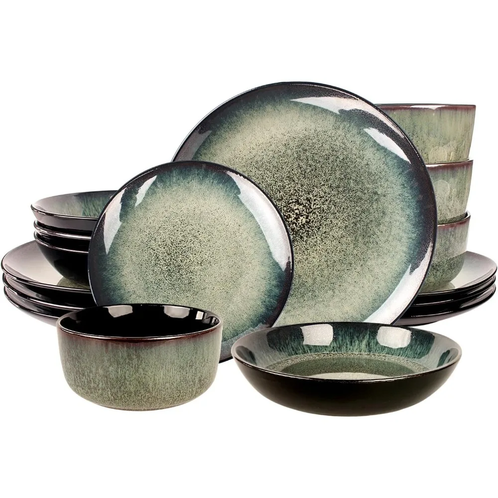 

Набор столовой посуды из 16 предметов, посуда с реактивной глазурью, тарелками 7,9/8,3/10,6 дюйма и мисками диаметром 5,5 дюйма, современный кухонный стол
