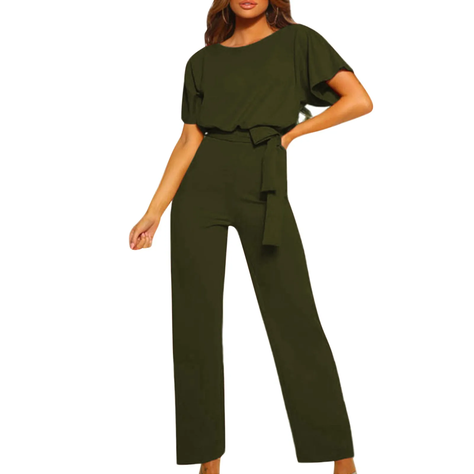 

Jumpsuit Lace Up High Waist Elegant Women Solid Color Straight Leg Romper Fashion Short-sleeved Round Neck Jumpsuit for Dating