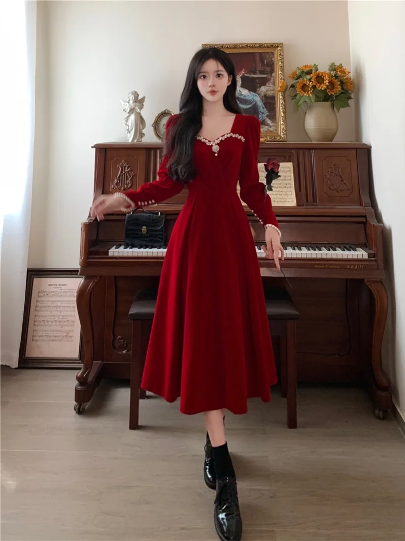 Burgundy Velvet Prom Dresses Square Collar Long Sleeve Pearl Crystal Long Engagement Dress Plus Size Female Formale Gowns