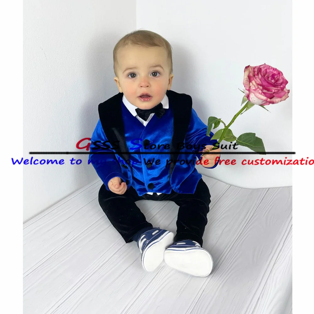 Little Boy Suit 3 Piece Wedding Groom Tuxedo Royal Blue Velvet Formal Blazer Pants Vest Kids Jacket комплекты для маленьких маль