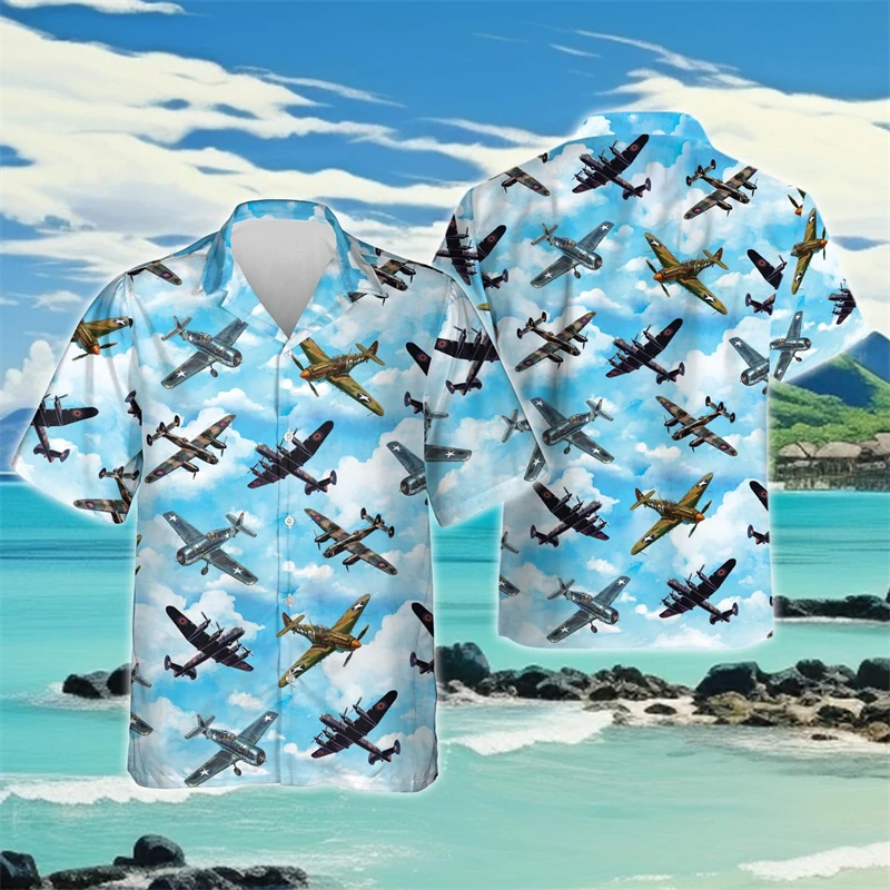 Hawaiian Airplane Aviation 3D Printed Beach Shirts Casual Pilot Shirt For Men Clothes Fashion Aircarft Lapel Blouse Fighter Tops