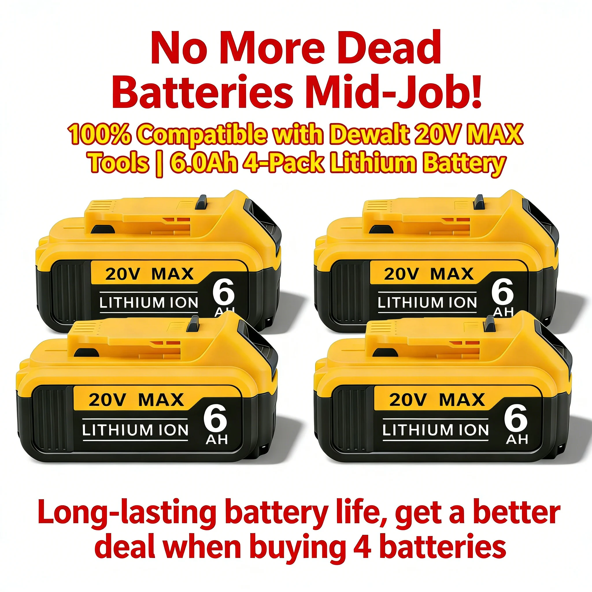 

Набор из 4 литиевых аккумуляторов 20В 6.0Ач для беспроводных инструментов Dewalt 20V MAX, замена DCB200 DCB204 DCB206, в наличии в США, долговечные