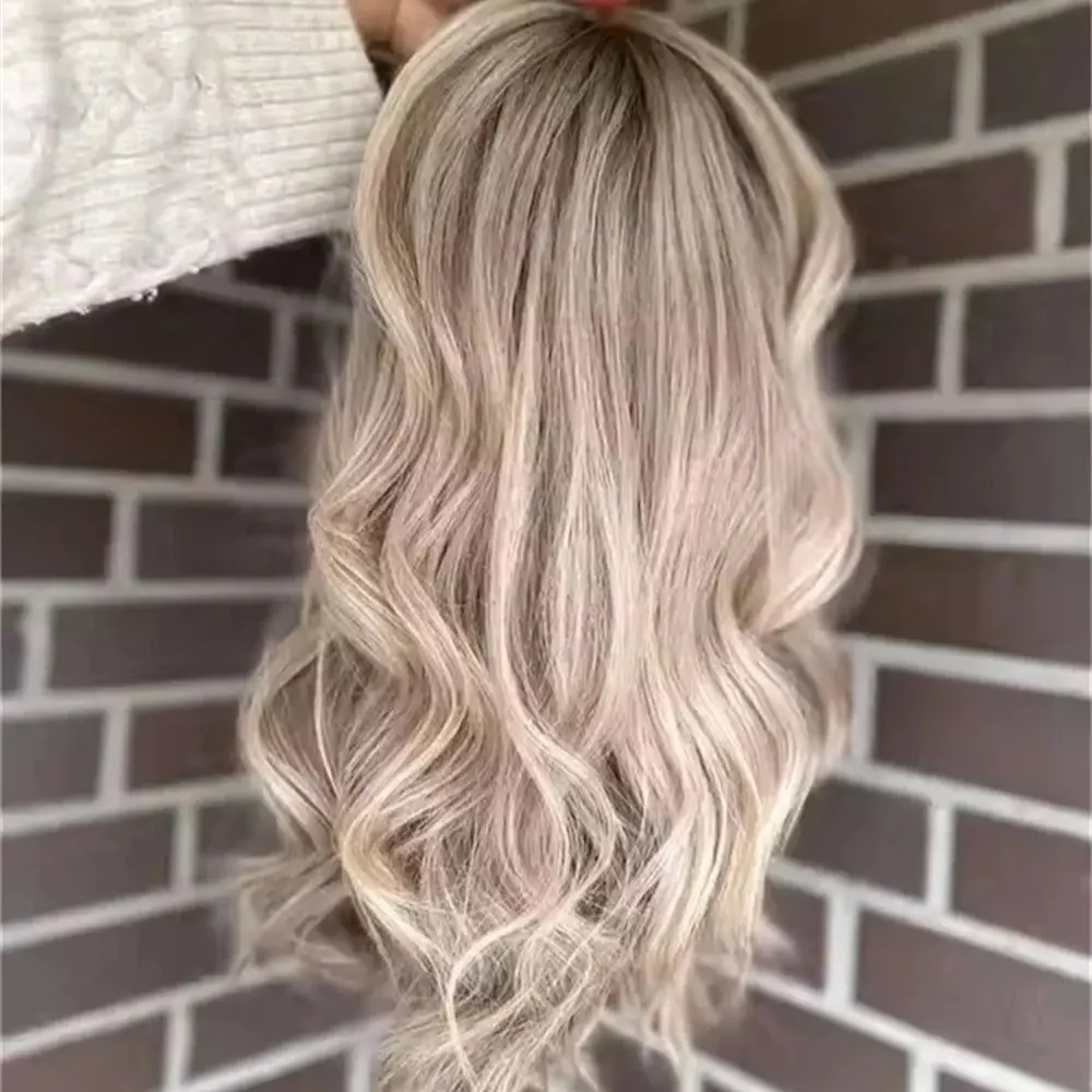 Balayage Biondo Cenere Parrucche Ondulate 13x4 Anteriore Del Merletto Parrucche Sintetiche In Evidenziare Parrucche Del Partito Radici Scure Parrucca Anteriore Del Merletto HD Del Merletto Per Le Donne