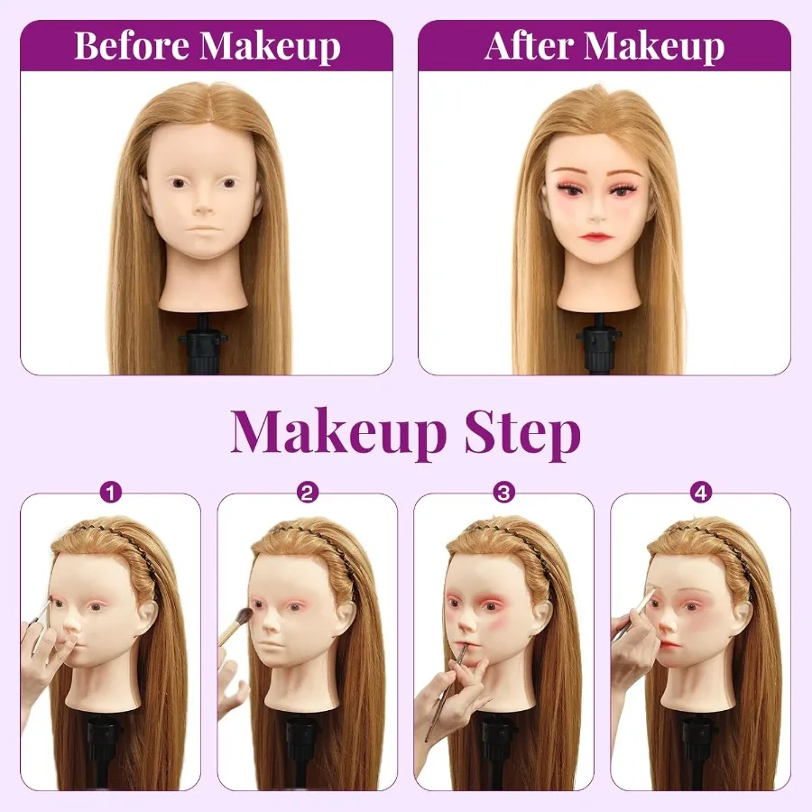 رأس عارضة أزياء 28 بوصة مع 80 شعر بشري حقيقي للمكياج والتجميل وتدريبات تصفيف الشعر وممارسة التصميم المثالية لـ Brai