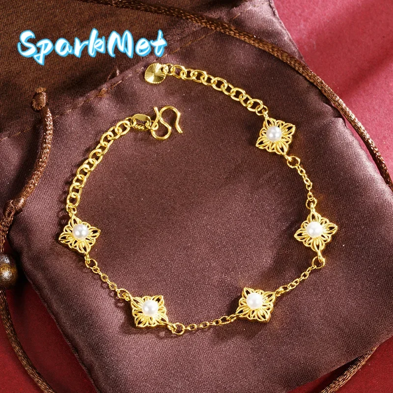 

Christmas AU999 Bracelet Pure Gold Simple Jewelry for Women, New Gold 24K Flower Imitation Pearl Hollow Four-leaf Flower Birthda