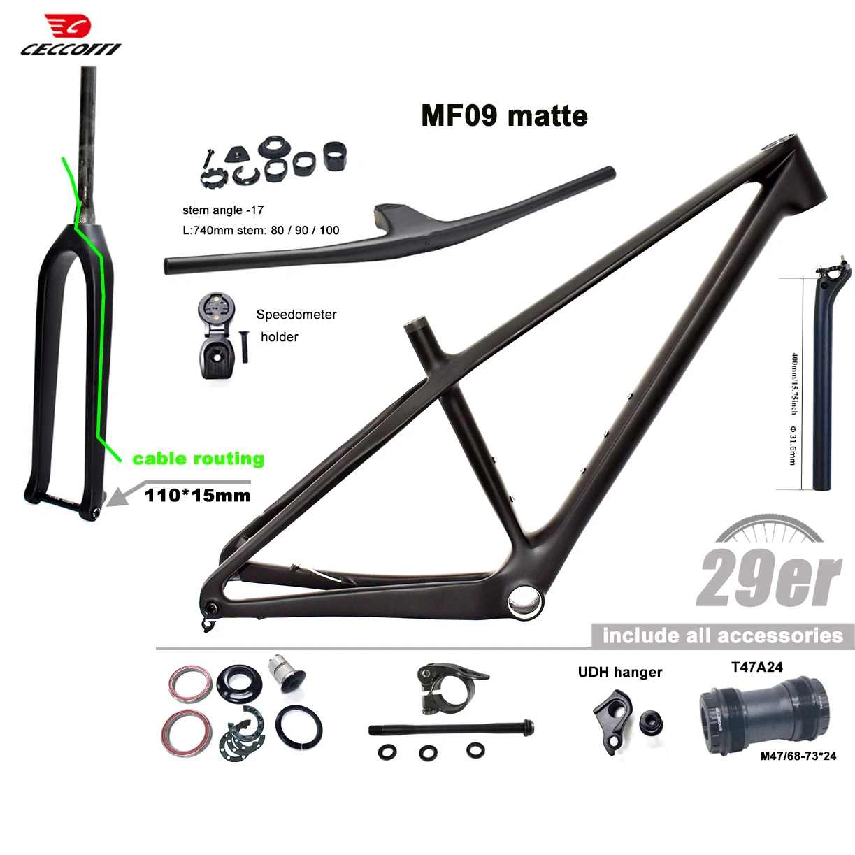 

CECCOTTI promotionsale Carbon Frame full hidden cable Moutain Bike Frame T47 Thread BB Bicycle Frameset XC Hardtial UDH 29er MTB