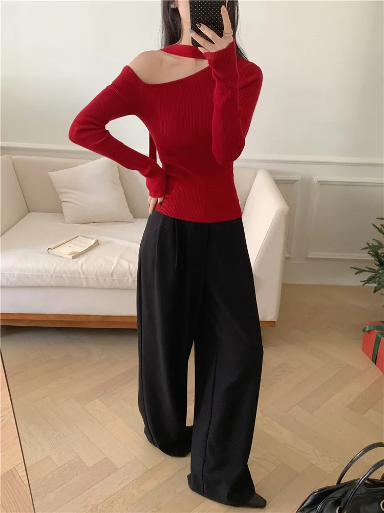

Women Off the Shoulder Slim Sexy Short Knitwear Autumn Winter With Lace-Up Long-Sleeved Color Solid Top Chic Body-Con Knitwear