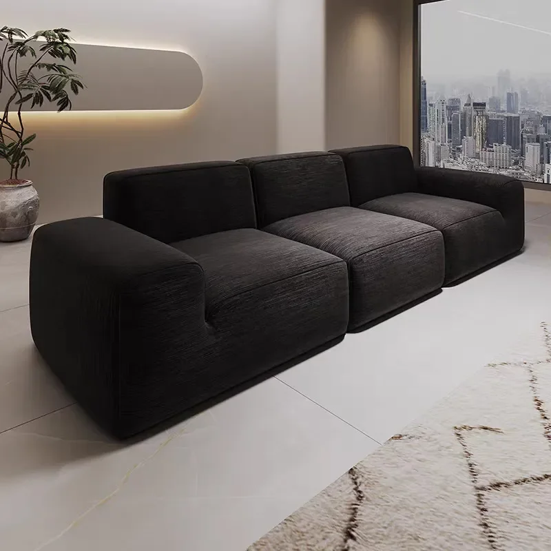 Vacuum Compressed Chenille Fabric Sofa Tofu Block Design Large Black Cowhide Sponge Frameless Living Room Furniture for