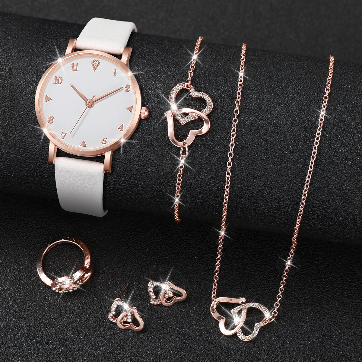 6PCS/Set Fashion Women\'s Watch Leather Band Quartz Watches Double Heart Jewelry Set(Without Box)