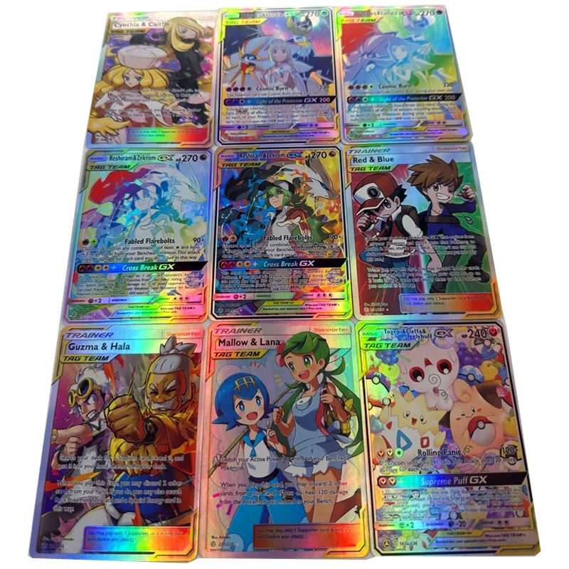 9Pcs/set Pokemon Red Blue Guzma Hala Mallow Lana Cynthia Caitlin Solgaleo Reshiram Zekrom Anime Game Collection Cards Toy Gifts