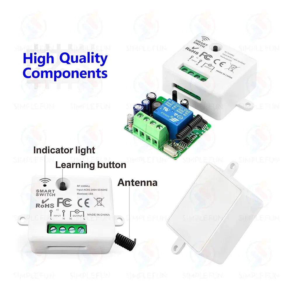 433Mhz Mini Wireless Remote Control Light Switch 220V 110V 10A,Wireless Wall Panel Switch,Mini RF Relay Module for Lamp Led Fan