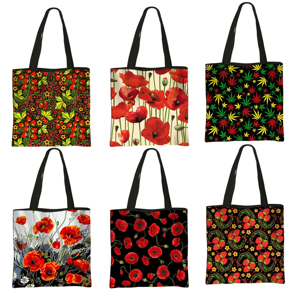 Beautiful Red Poppy Flower Print Shoulder Bag Women Casual Totes Canvas Handbag Larger Capacity Beach Shopping Bags Gift