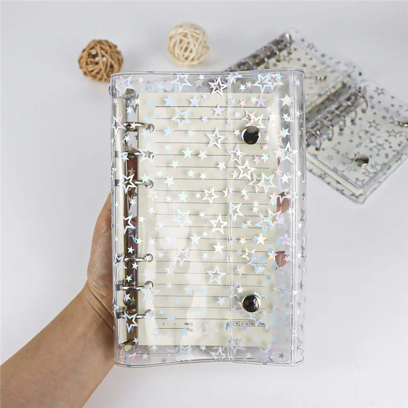 Advanced Budget Binder Cover Clear PVC Binder Glitter Star Refillable Notebook Shell Protector With 2 Snaps