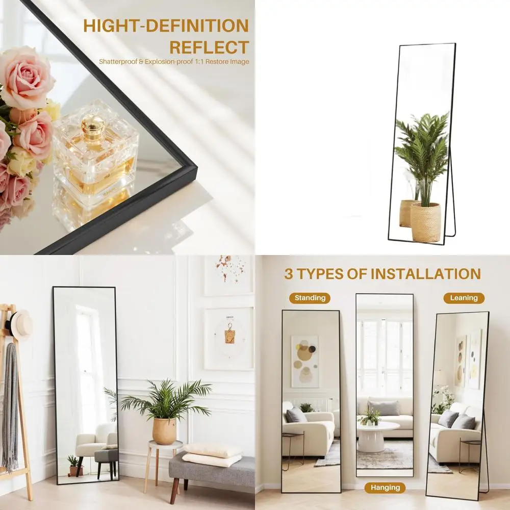 

Напольное зеркало в полный рост 59x16 дюймов с подставкой, алюминиевая рама и ударопрочное стекло, отдельно стоящее, для домашнего использования