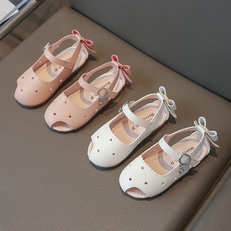 

Летние сандалии для маленьких девочек, туфли принцессы с вырезами и бантом, детская пляжная обувь, нескользящие повседневные сандалии на мягкой подошве для малышей