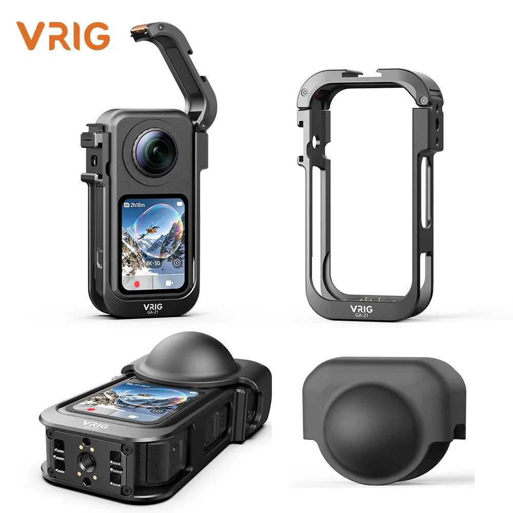 VRIG GA-21 Metal Video Cage for Insta360 X6 Aluminum Frame with Cold Shoe 1/4 Thread Magnetic Charging Vlog Accessories