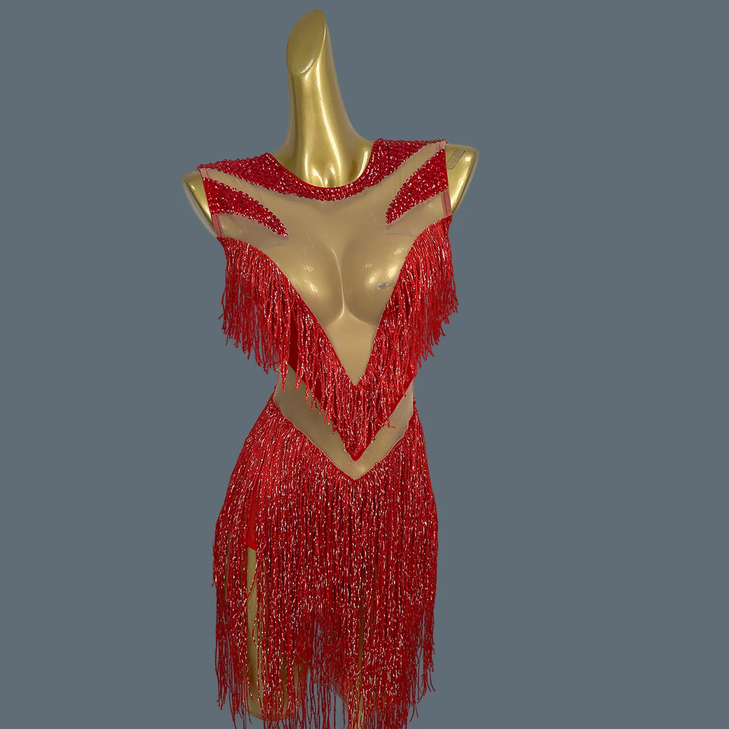 

Sparkly Rhinestones Tassel Short Dress Sexy Women See Through Mesh Latin Dance Dress Club Show Performance Stage Wear Meizhou