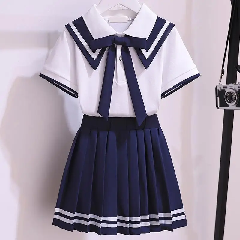 Girls' JK Uniform Clothes Summer Short-sleeved Shirt+Pleated Skirts Japanese School Uniforms,, Navy College Style Pleated Skirt