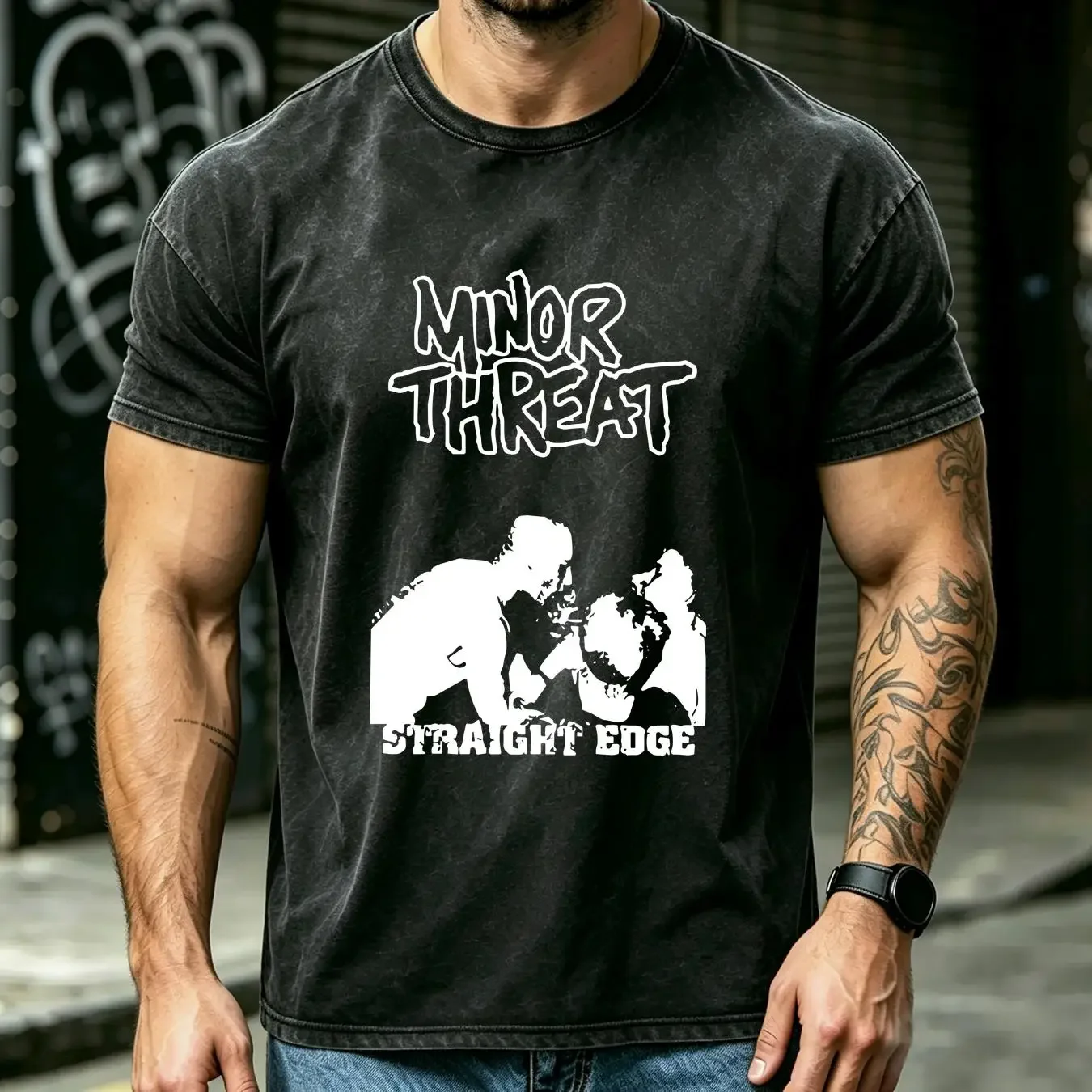 washed T Shirt Vintage Minor Threat vintage Washed streetwear Stylish Casual homme Slightly Stretched fashion Versatile