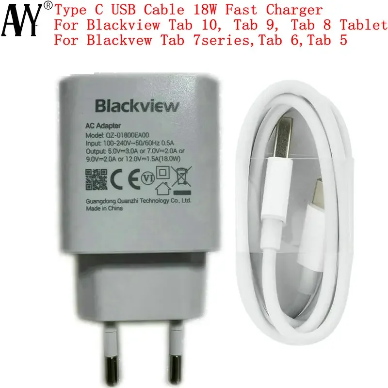 Power Adapter for Blackview Tab 10 Tab 9 Tab 8 Tab 8E Tab A7 Tab 60 Kids Tablet Original 18W Fast Charger EU Plug Type C Cable