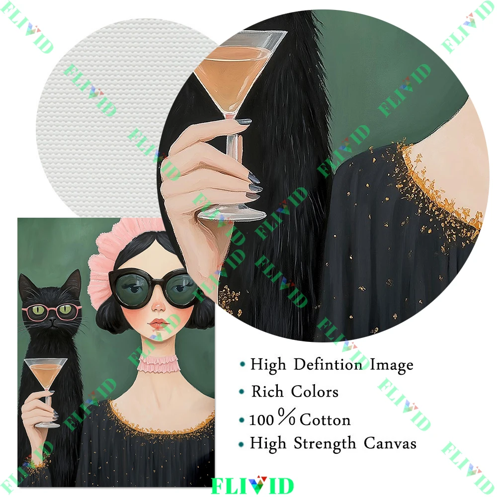 سيدة أنيقة مع القطة السوداء مجردة الرسم على لوحات القماش الجدارية ، امرأة أنيقة والقط صورة الحد الأدنى ملصق فني طباعة ديكور المنزل #6