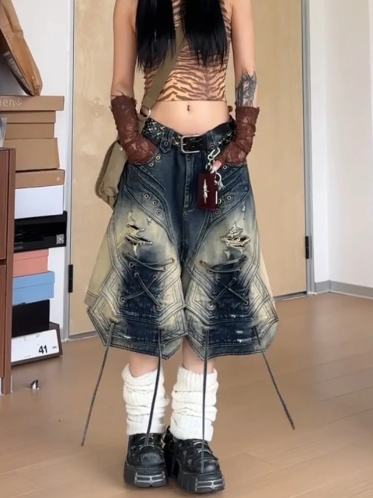 Women Summer New Niche Design Hot Girl Loose Wide-Leg Cropped Pants American Style Street Holes and Straps Cargo Jeans