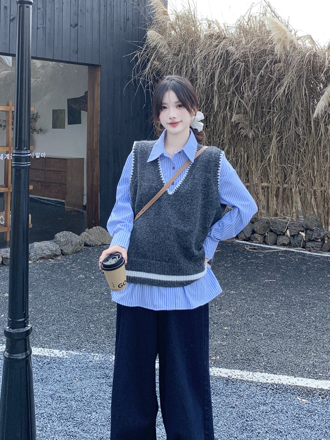 

plus Size College Style Knitted Set Waist-Cinching Striped Long Sleeve Shirt And Vest Top Fashionable Autumn Collection