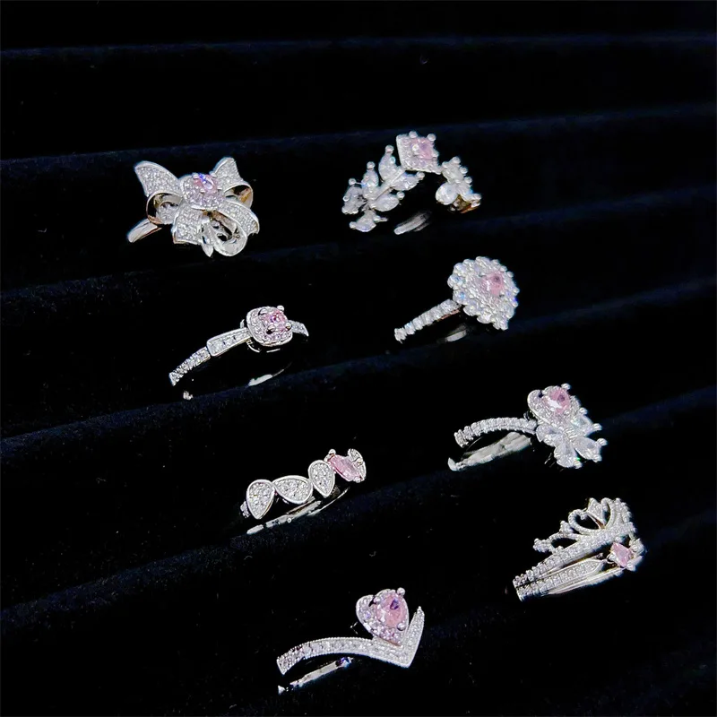 خواتم على شكل فيونكة من الماس بالكامل على الطراز الحلو للنساء من الفضة الطازجة والرائعة عيار 925 مرصعة بالأحجار الكريمة الوردية مجوهرات الخطوبة والزفاف