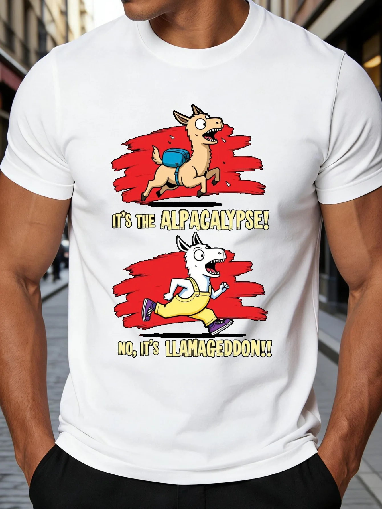 Cartoon Animal Humor Men's T-Shirt Alpaca and Llama Doomsday Design Summer Casual Wear Gift for Animal Lovers and Comedy Fans