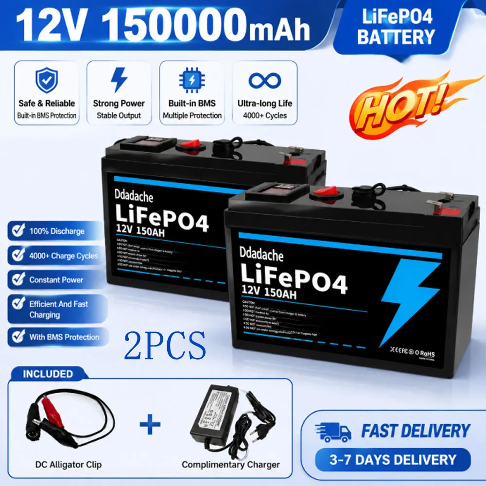 12V Lithium-Batterie 150Ah LiFePO4 4000+ Deep Cycles, integriertes BMS, 10 Jahre Lebensdauer, für USV, Kajak-Fischfinder, Solarmodul, Radio