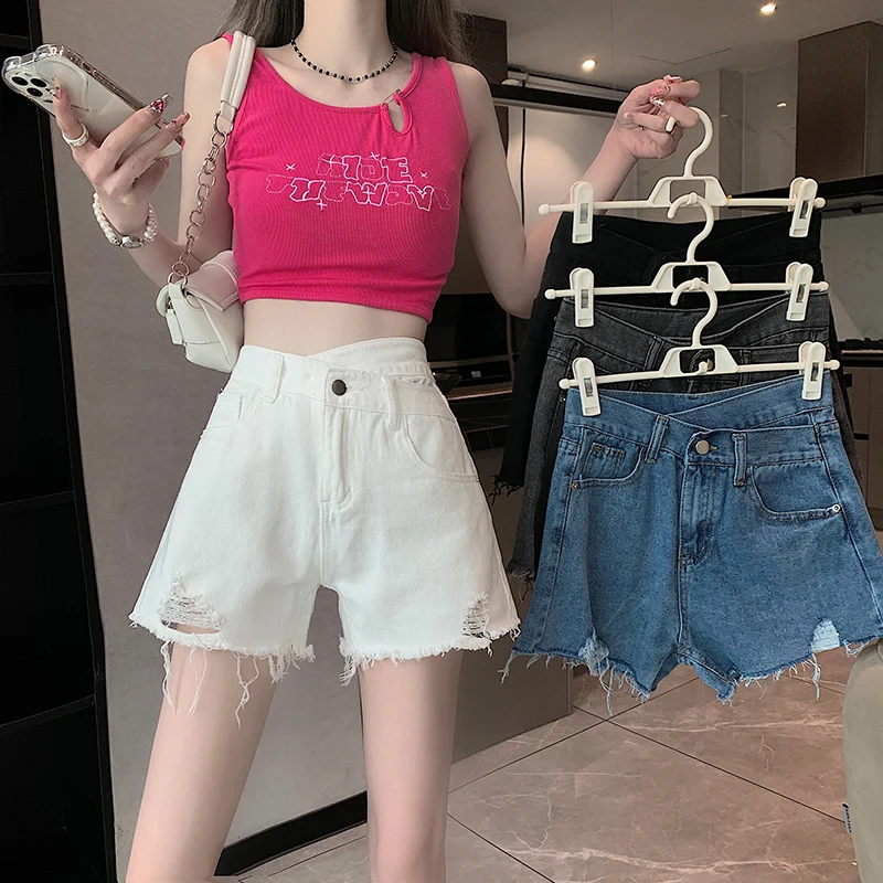 

Джинсовые шорты с высокой талией для женщин, летние, тонкие, свободные, стройнящие, с широкими штанинами, А-силуэт, больших размеров, с дизайном рваных дыр, повседневные шорты