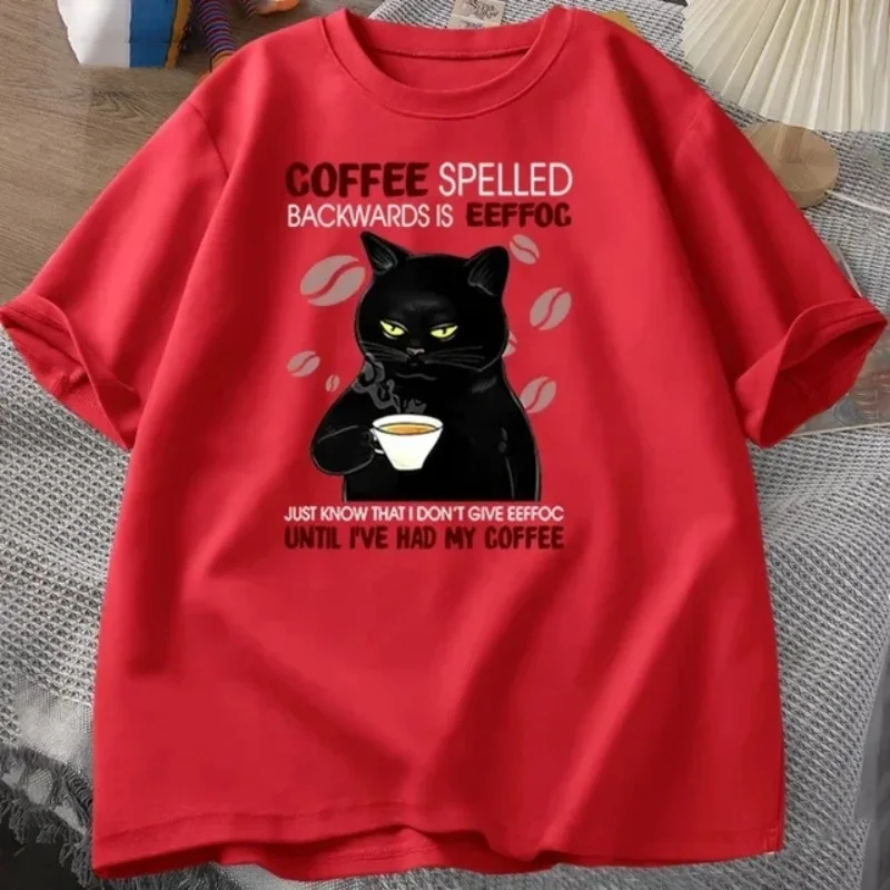 2024Coffee Spelled Backwards Cat T-shirt Funny Cute Graphic Tees Unisex Cotton  T Shirt Mens Clothes oversizedt-shirts