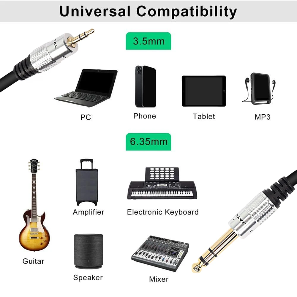 3M 1/8 to 1/4 TRS Stereo 3.5mm to 6.35mm Jack Cable 6.5 To 3.5 Aux Audio Cord for PC Phone MP3 Guitar Amplifier Speaker Mixer