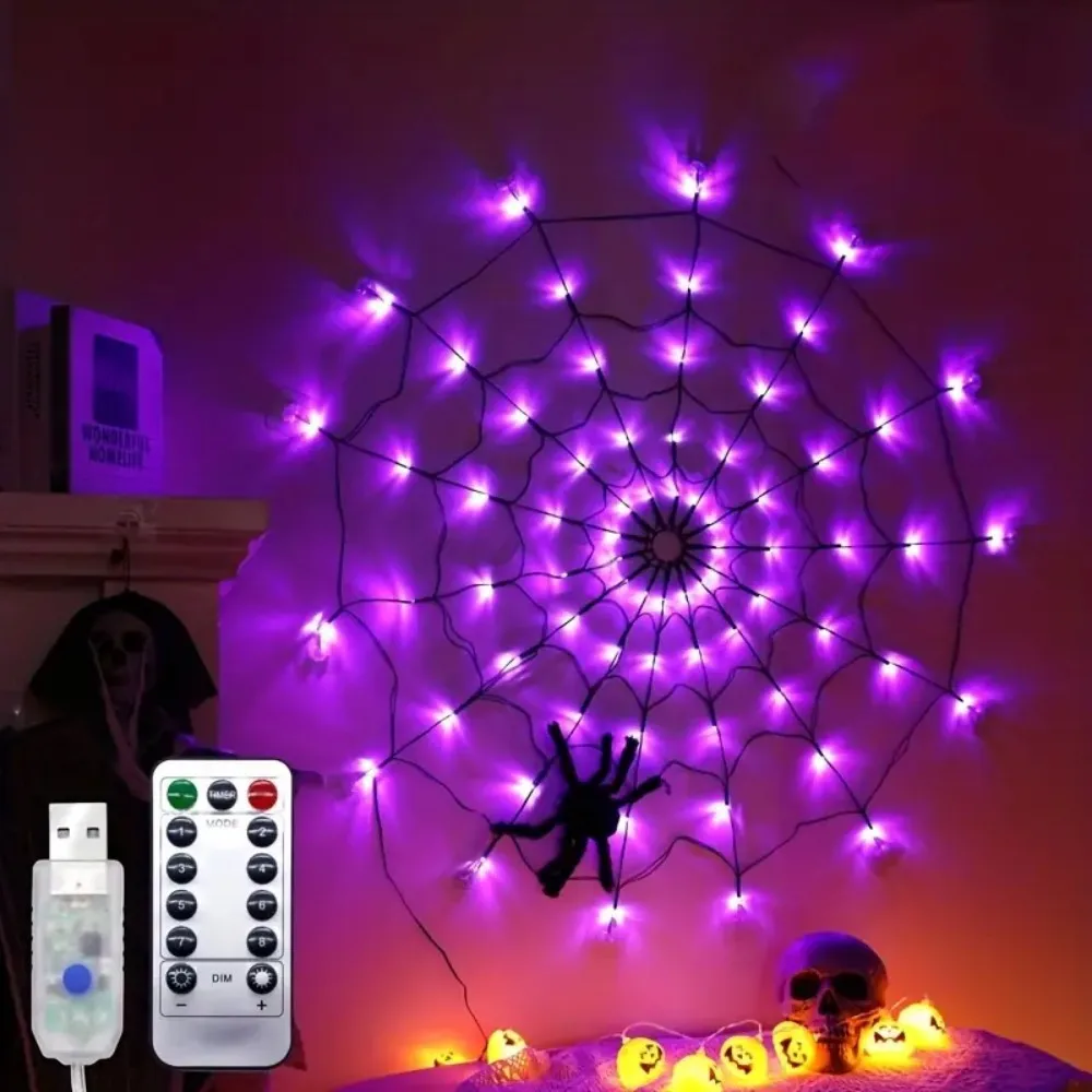 1PC 70LED Halloween remote control USB spider web light string,8 remote control modes,used for holiday,party decoration