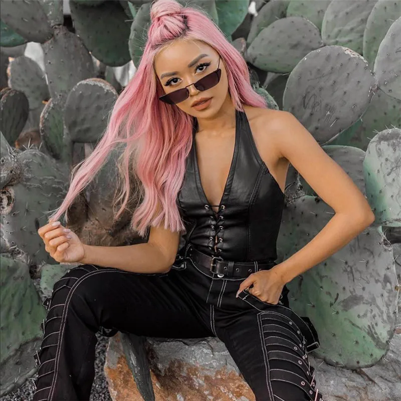 Fashion punk black leather hollwo crop tops womens camisole 2024 summer fashion stretch tees Slim Soft leather tank tops