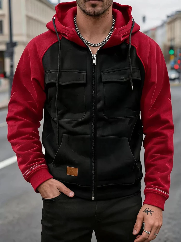 Vintage Hooded Sweatshirt Fashionable Contrast Color Long Sleeve Multi Cargo Pocket Tops Autumn Winter Daily Casual Jacket Men