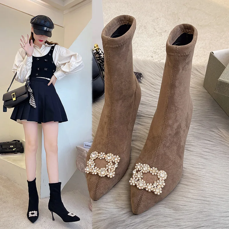 Femme Zapatos Women Boots Spring Autumn New Black Pointed High Heel Boots Sexy Warm Skinny Boot Socks Boots Stiletto Boots Women