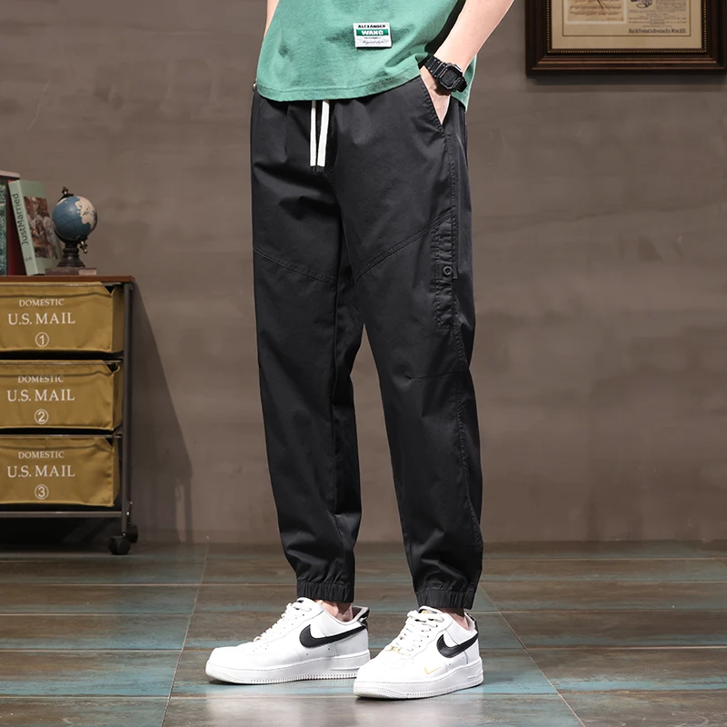 

Casual Men's 2024 Spring Summer Cotton Drawstring Waist Cargo Pants Outdoor Sport Solid Color Thin Leggings Trouser Youth Jogger