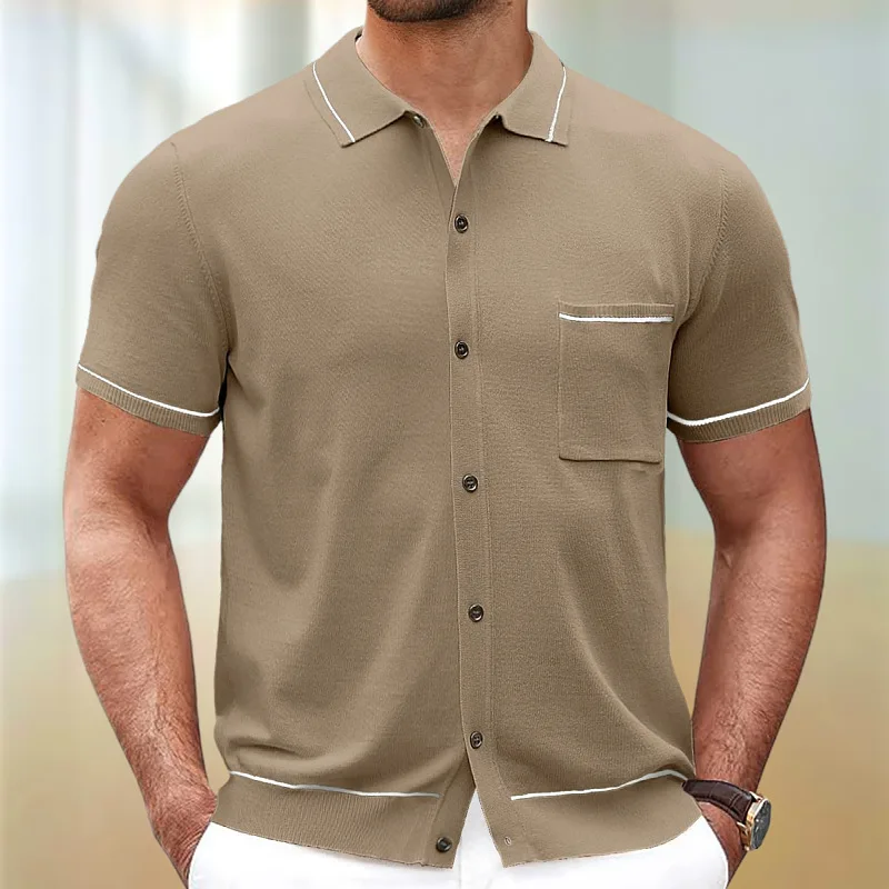 Men's Summer Fashion New Knitted Shirt Anti pilling Ice Cool Silk Knitted Polo Shirt Open Front Solid Color Short sleeved Top