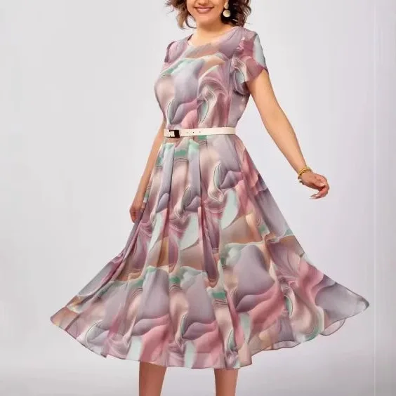 

Long Belt Women's Dress, Comfortable Loose Round Neck Short Sleeved Fashionable Multi-color Printed Dress