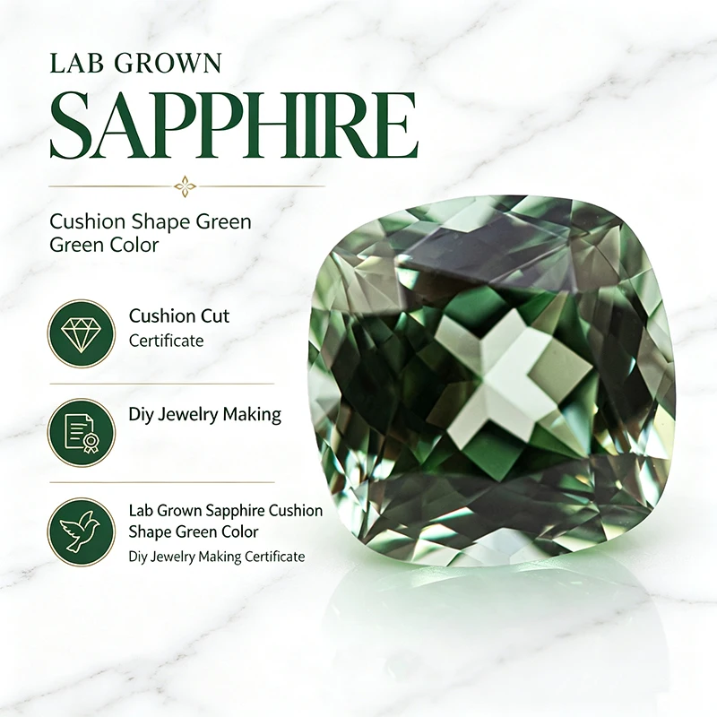 Im Labor gezüchteter Saphir in quadratischer Kissenform, grüner Edelstein für Charms, DIY-Schmuckherstellung, Halskette mit Zertifikat – Detail 1