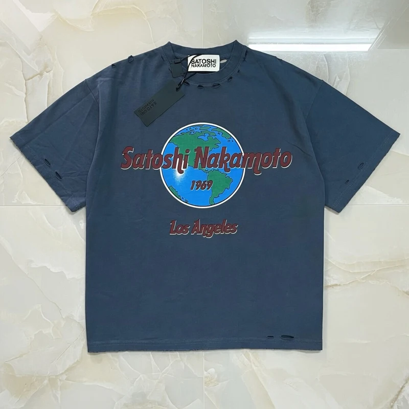 Men Earth Pattern Printed Personalized Punch Short Sleeve High Grade Washed Grey Satoshi Nakamoto T-shirt